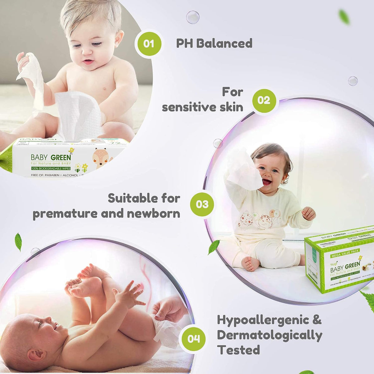 Yugi Green Baby Wipes for Babies Unscented, Made with Renewable Plant Fibers, Plant-Based, Fragrance-Free, for Sensitive Skin, 12 Packs,72 Count,864 wipes