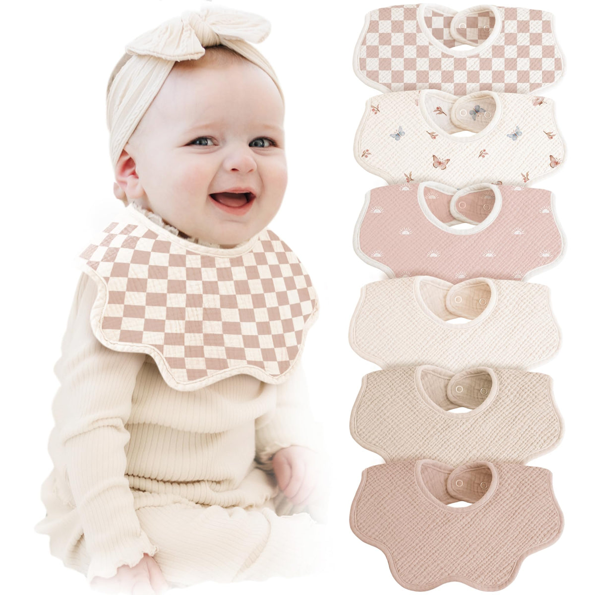 Konssy 6-Pack Muslin Baby Bandana Bibs, Drool Bibs for Girls & Boys