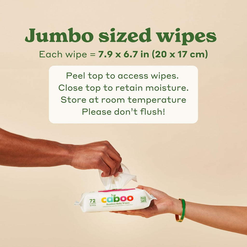 Caboo Baby Wipes, Made with Bamboo Viscose, Certified Made Safe Ingredients, Unscented Baby Wipes Good for Sensitive Skin, 72 Wipes Per Travel Pack, Total of 216 Wet Wipes
