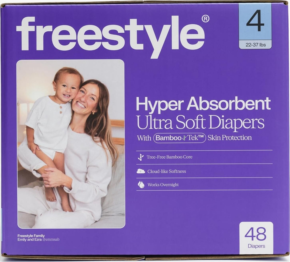 Freestyle BambooTek Diapers – (Size 4) Hyper Absorbent & Non-Toxic – Disposable Diapers for Sensitive Skin – Ultra Soft Diapers (22-37 lbs) – 144 Count