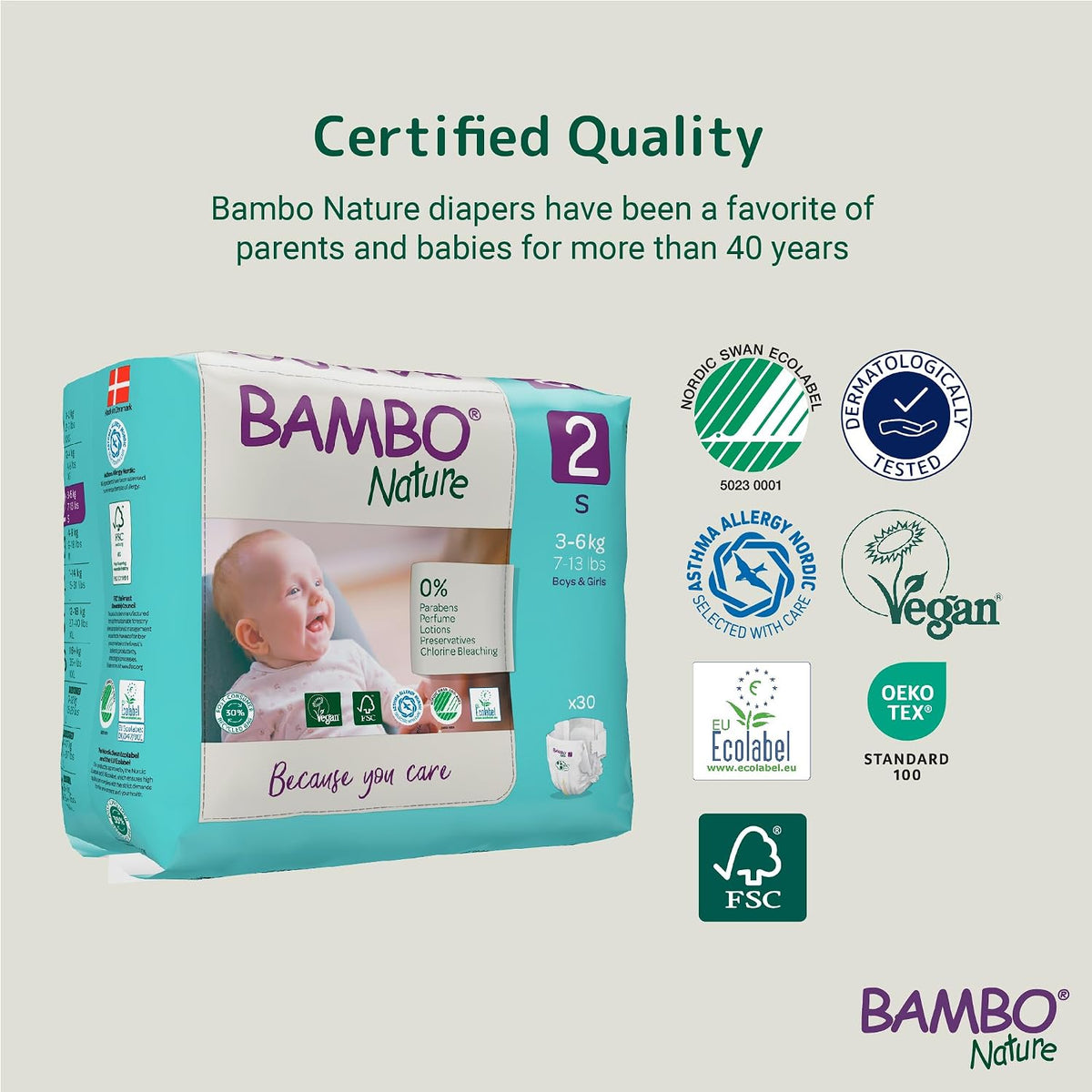 Bambo Nature Hypoallergenic Baby Diapers, Eco-Labeled Diapers, Enhanced Leakage Protection, Totally Chlorine-Free, Skin Friendly, and Super Absorbent - Size 2 (30 Count)