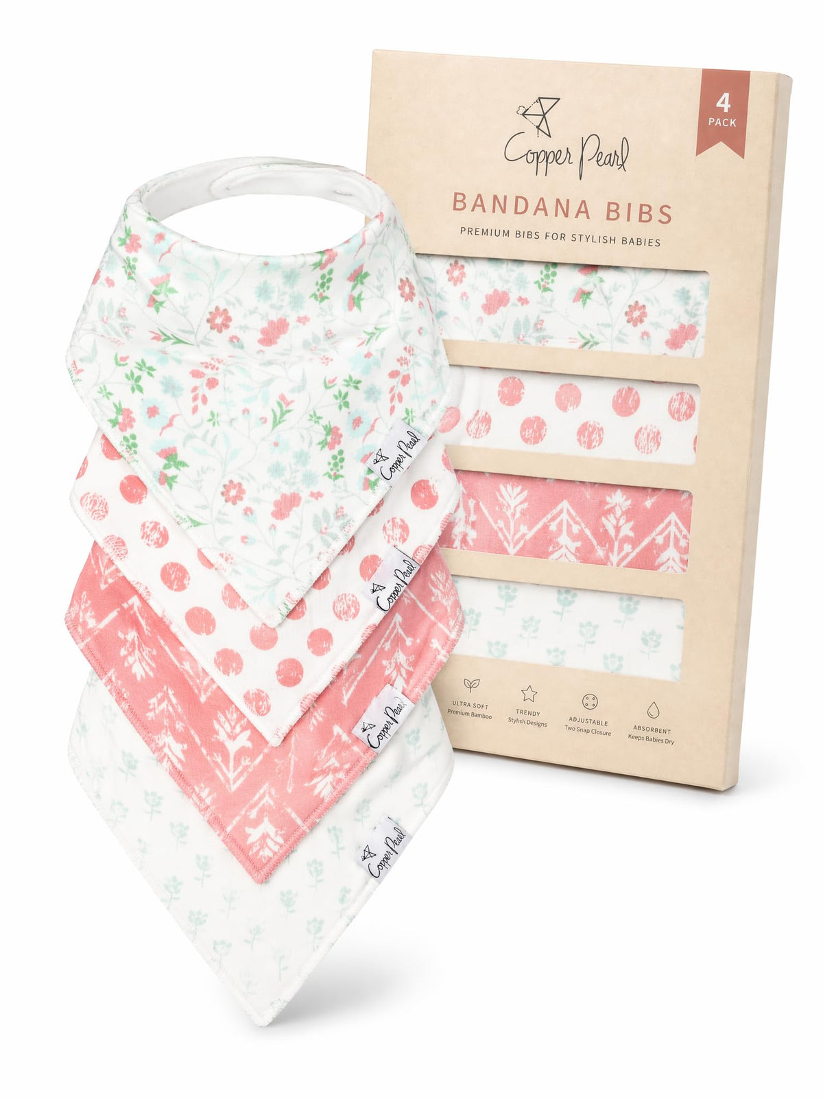 Copper Pearl Baby Bibs 4 Pack, Printed Bandana Drool Bibs for Baby Girl & Boy, Soft Cotton Drooling Teething Bibs