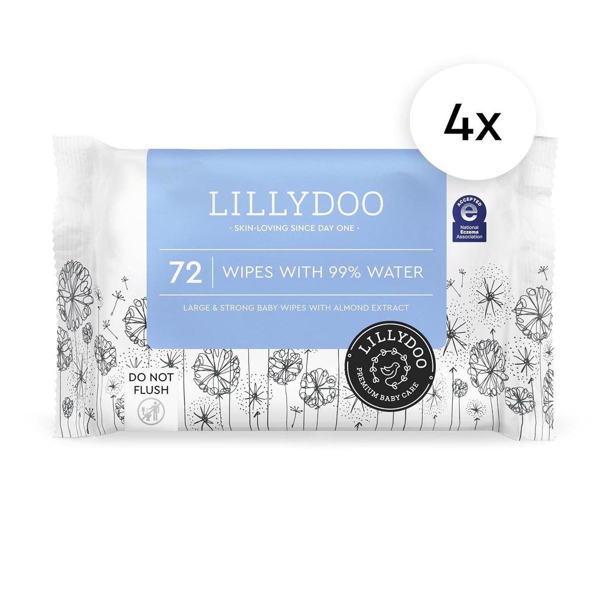 LILLYDOO Large Baby Wipes, 99% Water, Unscented, 4 Packs x 72 (288 Wipes)