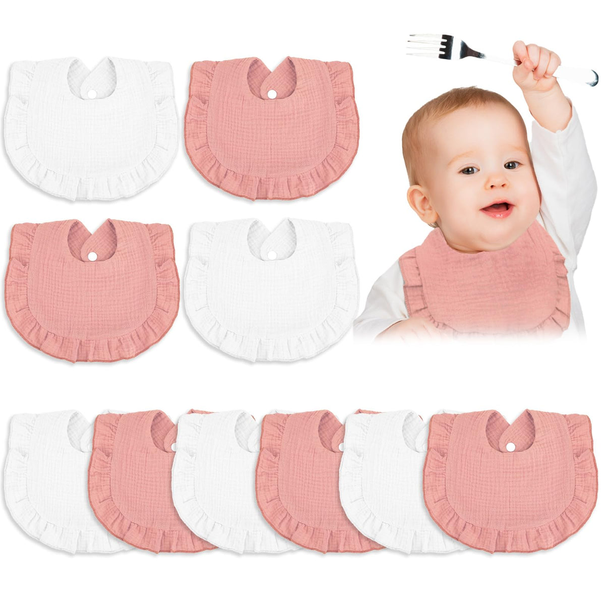 Seematn 10 Pcs Baby Muslin Bibs for Unisex Girls & Boys Drool Bibs Bandana Ruffle Soft Cotton for Newborn Infants Toddlers(Retro Colors)