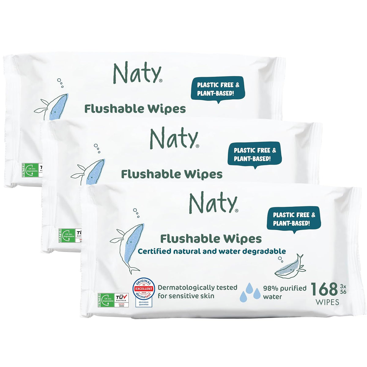 Naty Flushable Baby Wipes for Sensitive Skin, 168 Count (3 Packs)