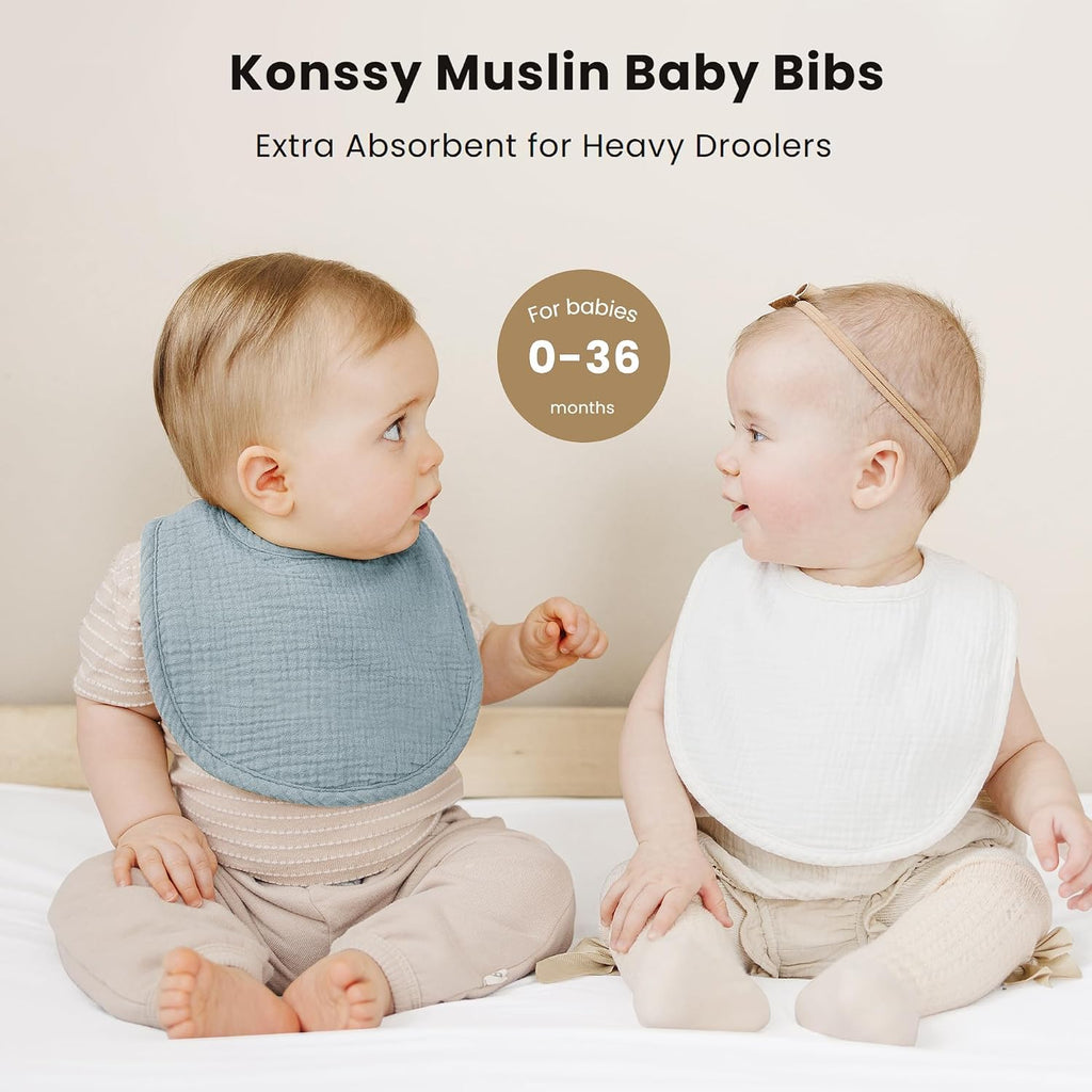 Konssy 8-Pack Muslin Baby Bibs, Adjustable Fit for Drooling and Teething