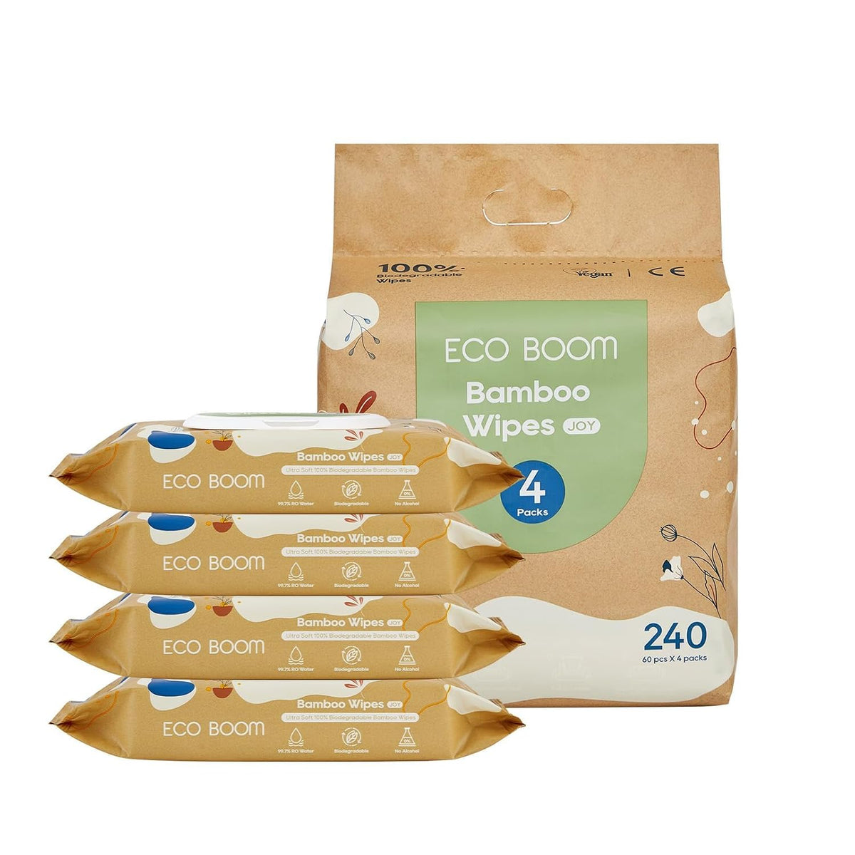 ECO BOOM Bamboo Viscose Wipes | Non-Toxic & Biodegradable Baby Wipes | Unscented, Hypoallergenic, Vegan for Sensitive Skin, 240 Count