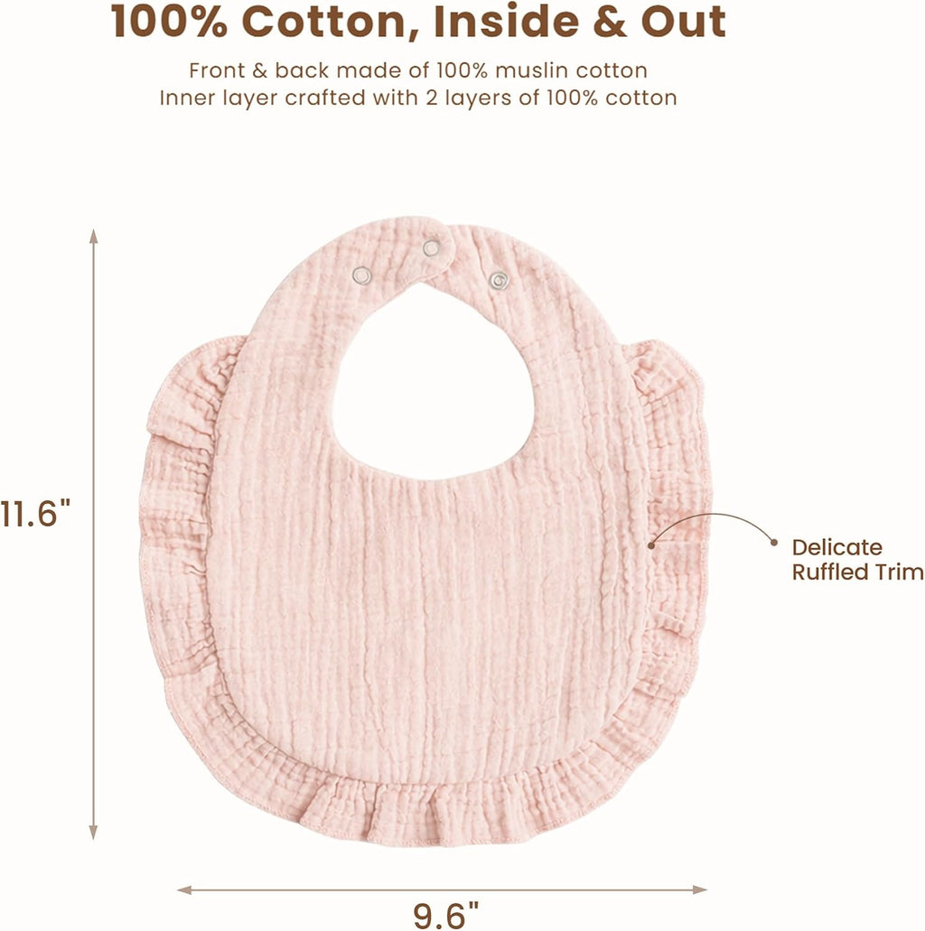 Konssy 3-Pack Muslin Baby Girl Bibs, 100% Cotton with Ruffle Trim