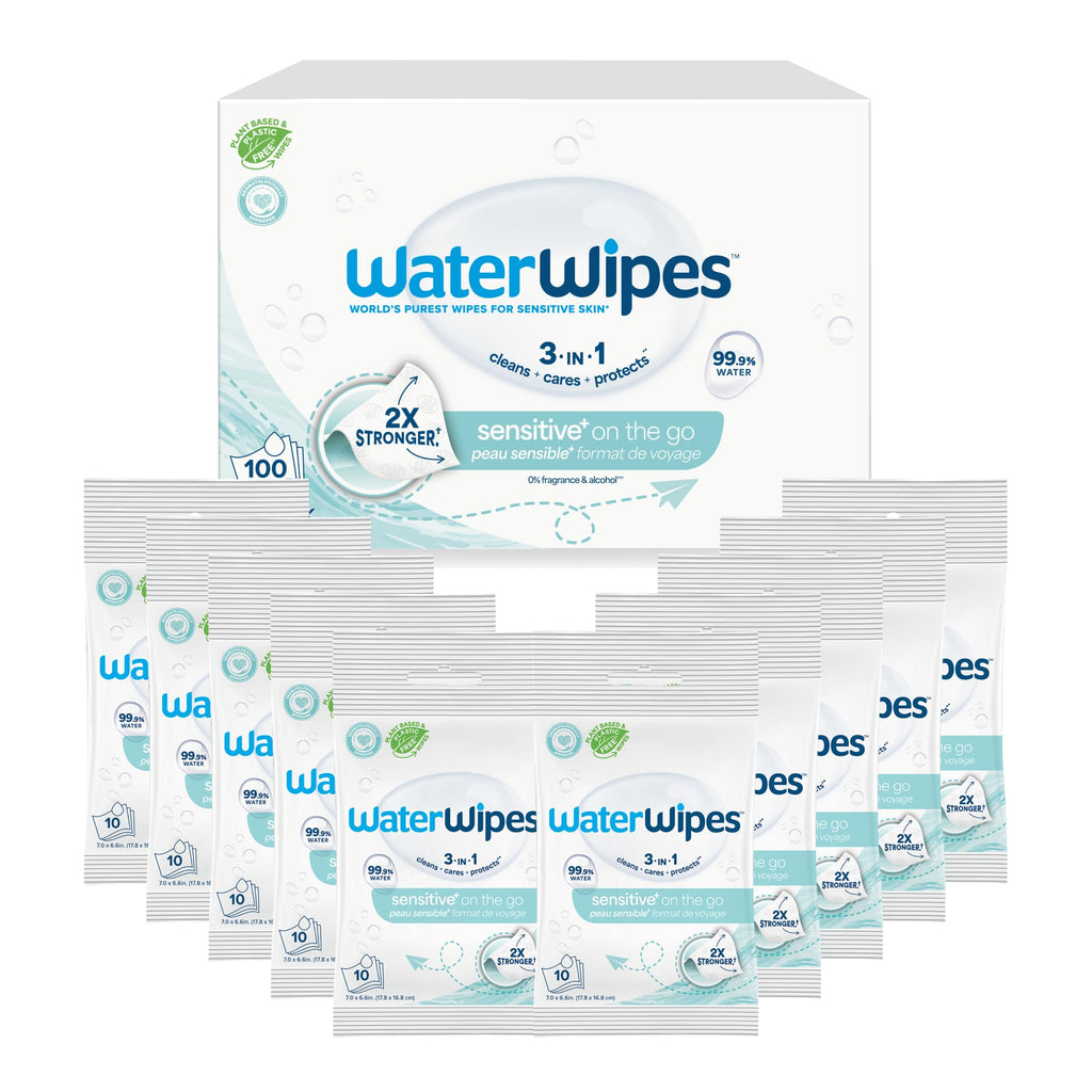 WaterWipes Sensitive+ On The Go Wipes, 3-In-1 Cleans, Cares, Protects, 99.9% Water, Unscented & Hypoallergenic Wet Wipes, 224 Count (8 Packs)