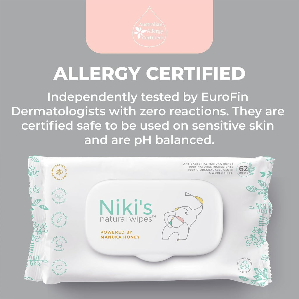Niki's Natural Baby Wipes, Sensitive Organic Manuka Honey Wet Wipes, 4 Pack