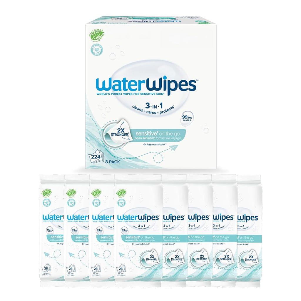 WaterWipes Sensitive+ On The Go Wipes, 3-In-1 Cleans, Cares, Protects, 99.9% Water, Unscented & Hypoallergenic Wet Wipes, 224 Count (8 Packs)