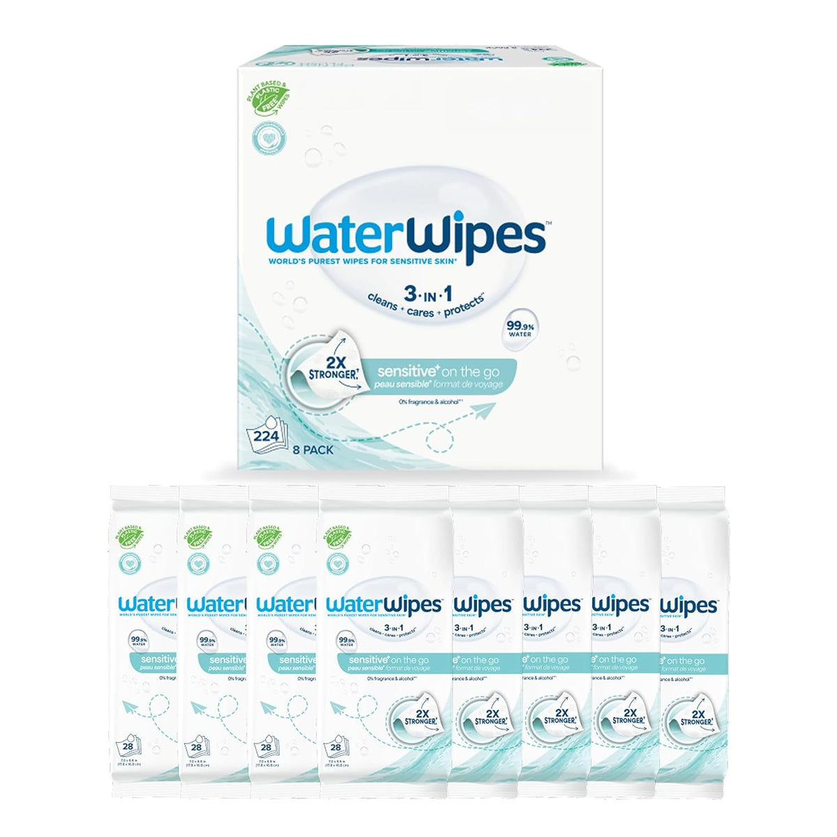 WaterWipes Sensitive+ On The Go Wipes, 3-In-1 Cleans, Cares, Protects, 99.9% Water, Unscented & Hypoallergenic Wet Wipes, 224 Count (8 Packs)