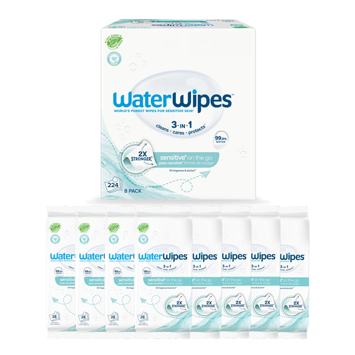 WaterWipes Sensitive+ On The Go Wipes, 3-In-1 Cleans, Cares, Protects, 99.9% Water, Unscented & Hypoallergenic Wet Wipes, 224 Count (8 Packs)