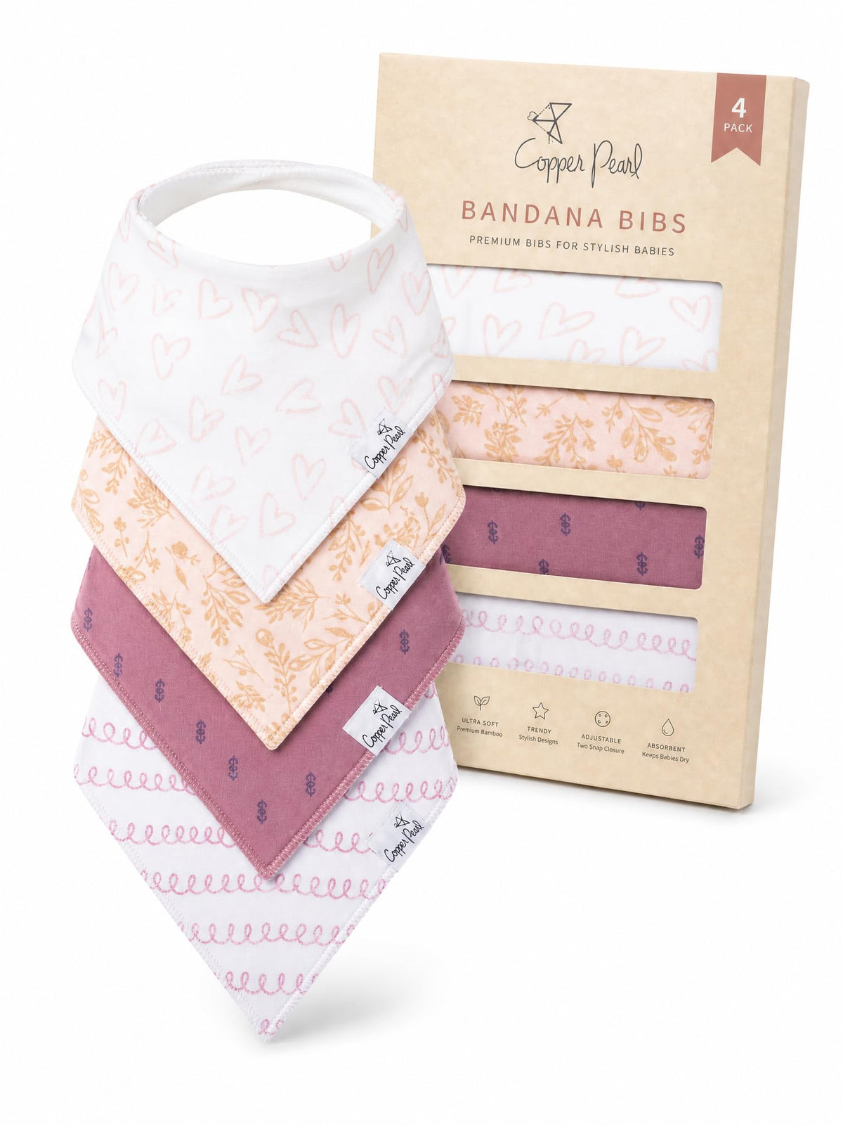 Copper Pearl Baby Bibs 4 Pack, Printed Bandana Drool Bibs for Baby Girl & Boy, Soft Cotton Drooling Teething Bibs