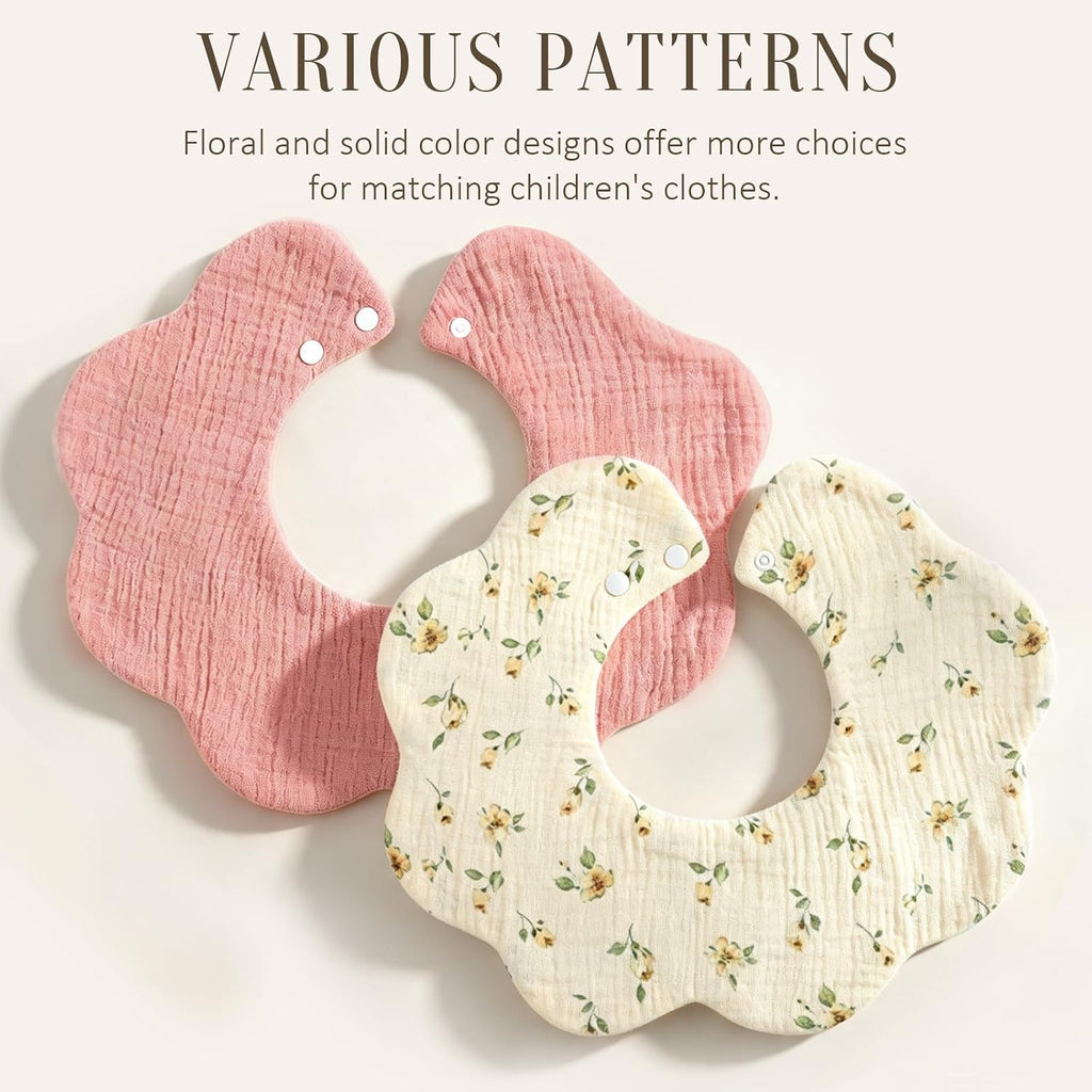 Muslin Baby Bibs, 4 Pack Bibs for Baby Girl, Adjustable 100% Cotton Soft Drool Bibs for Toddlers, Newborn Baby Girl Bib for Drooling and Teething