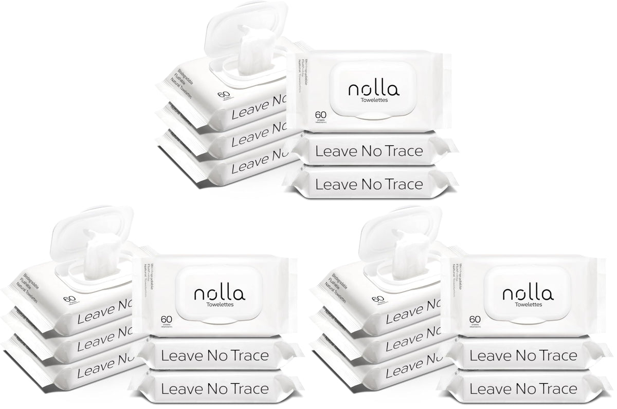 Nolla Flushable Wipes - 100% Plant-Based and Biodegradable - Soft, Unscented + Soothing Aloe and Vitamin E - For Adults and Kids 180 Count (3 Packs of 60)