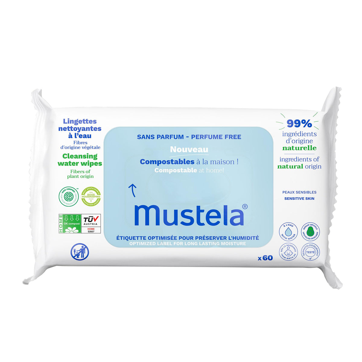 Mustela Baby Home Compostable Cleansing Wipes - For Face, Body & Diaper Area - 99% ingredients of natural origin & plant-based fibers - For all skin types - Fragrance Free Version & Various Sizes