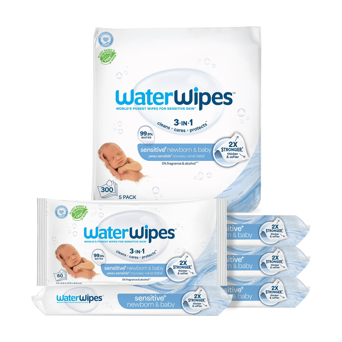 WaterWipes Sensitive+ Newborn & Baby Wipes, 3-In-1 Cleans, Cares, Protects, 99.9% Water, Unscented & Hypoallergenic, 240 Count (4 Packs)