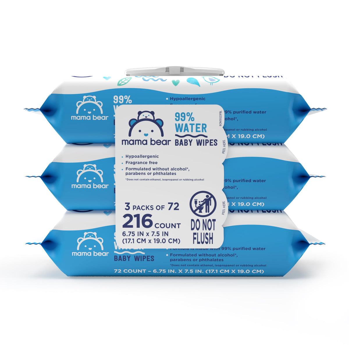 Amazon Brand - Mama Bear 99% Water Baby Wipes, Hypoallergenic, Fragrance Free,72 Count (Pack of 6)
