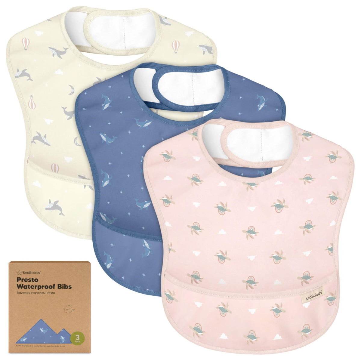 KeaBabies 3-Pack Waterproof Baby Bibs for Eating, Lightweight (Ocean)