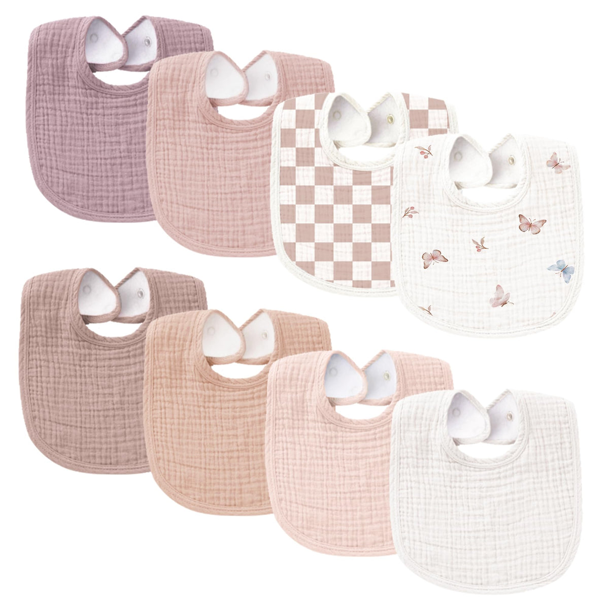 Konssy 8-Pack Muslin Baby Bibs, Adjustable Fit for Drooling and Teething