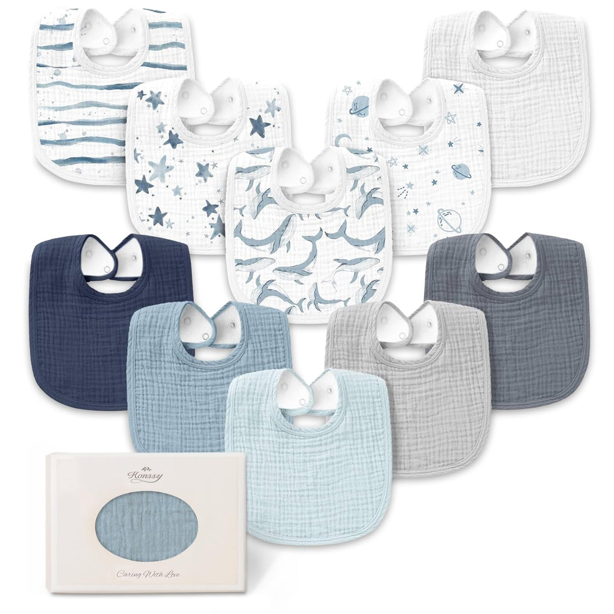 Konssy 8-Pack Muslin Baby Bibs, Adjustable Fit for Drooling and Teething