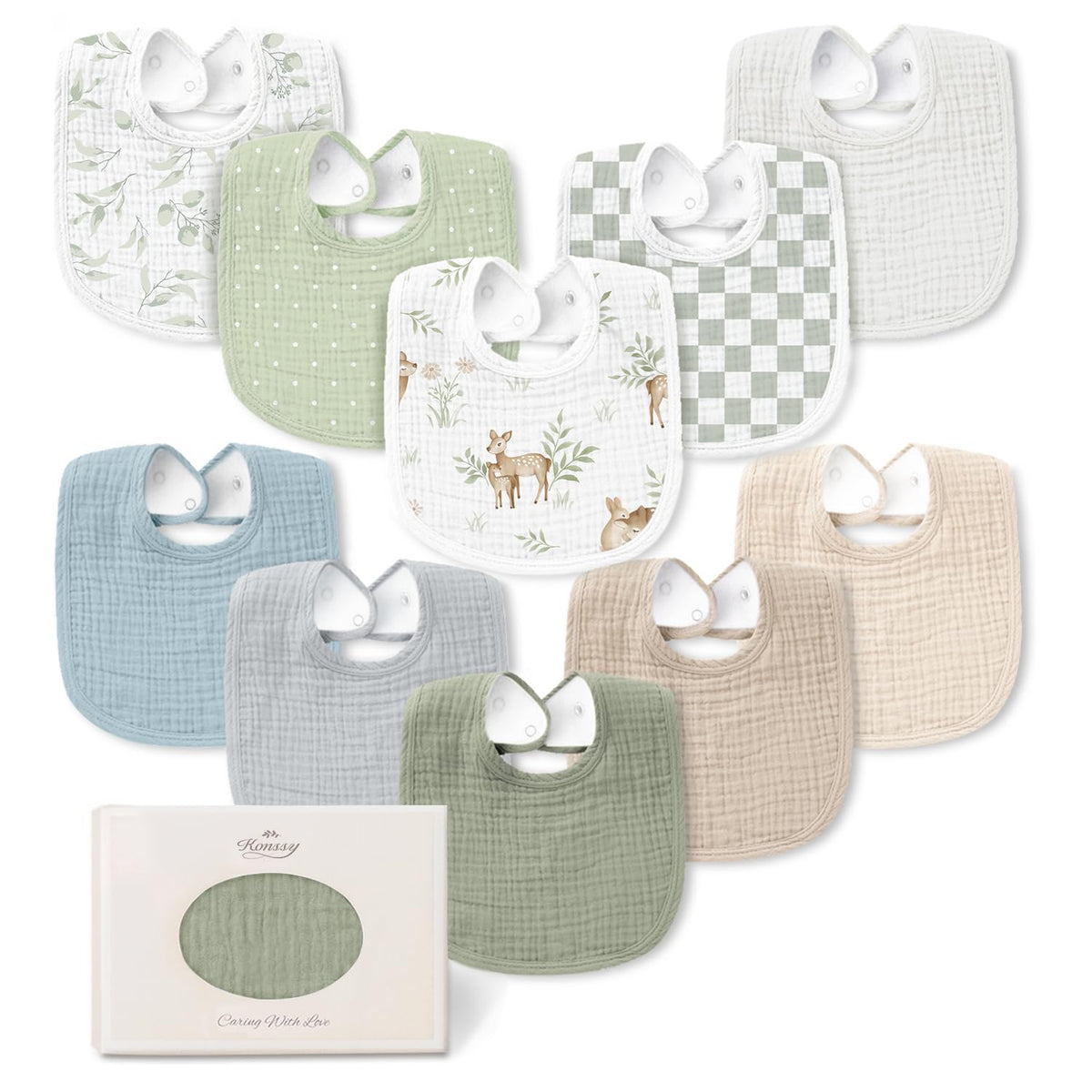 Konssy 8-Pack Muslin Baby Bibs, Adjustable Fit for Drooling and Teething