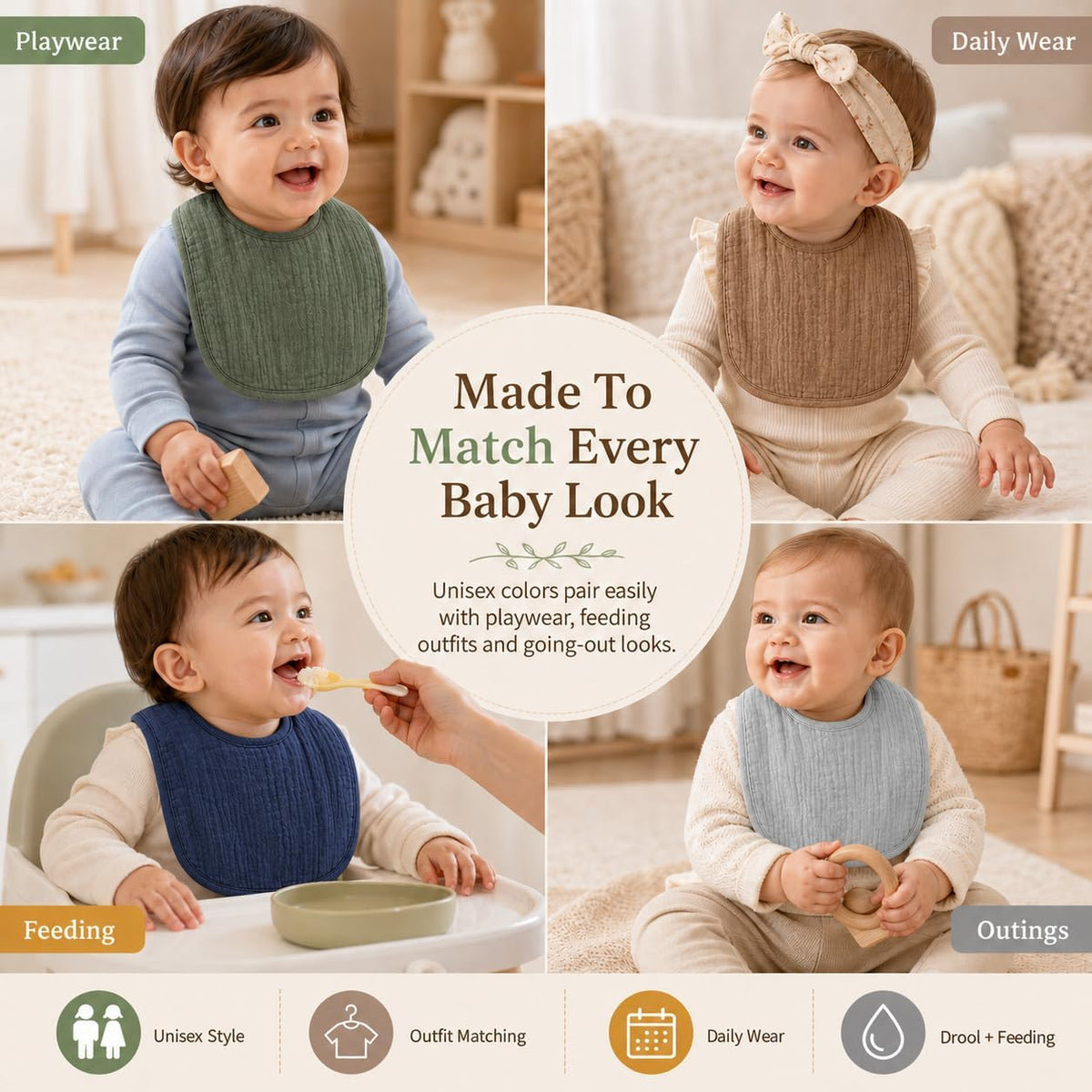 NISXABEBE Muslin Baby Bibs for Unisex Boys Girls, Cotton Drool Bibs, Adjustable Newborn Bibs for Drooling and Teething