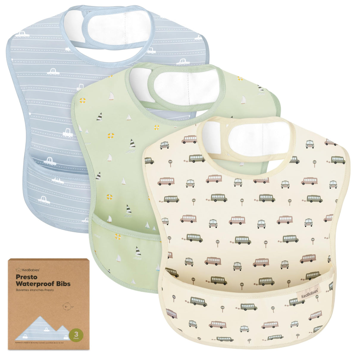 KeaBabies 3-Pack Waterproof Baby Bibs for Eating, Lightweight (Ocean)