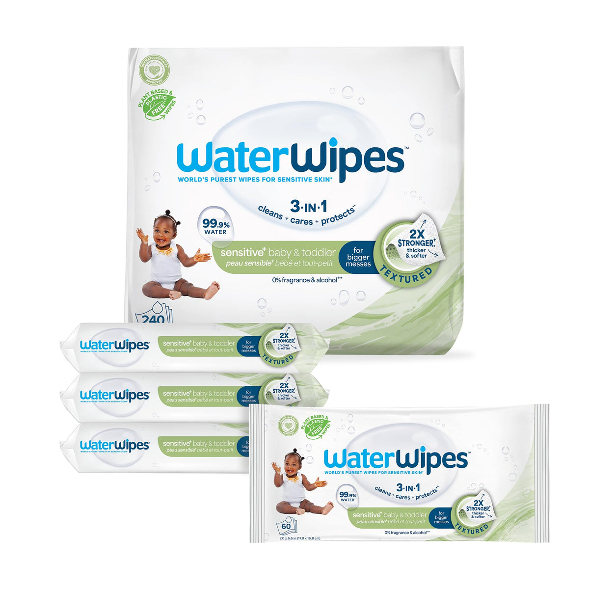 WaterWipes Sensitive+ Baby & Toddler Wipes, 3-In-1 Cleans, Cares, Protects, 99.9% Water, Textured Clean, Unscented & Hypoallergenic, 720 Count (12 Packs)