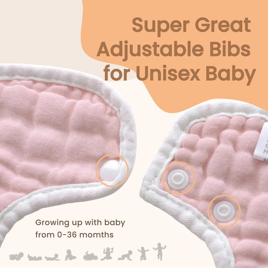 MUKIN Soft Cotton Muslin Baby Bibs 6 Pack | Adjustable Snap Closure for Newborns| Absorbent for Drooling, Teething & Feeding