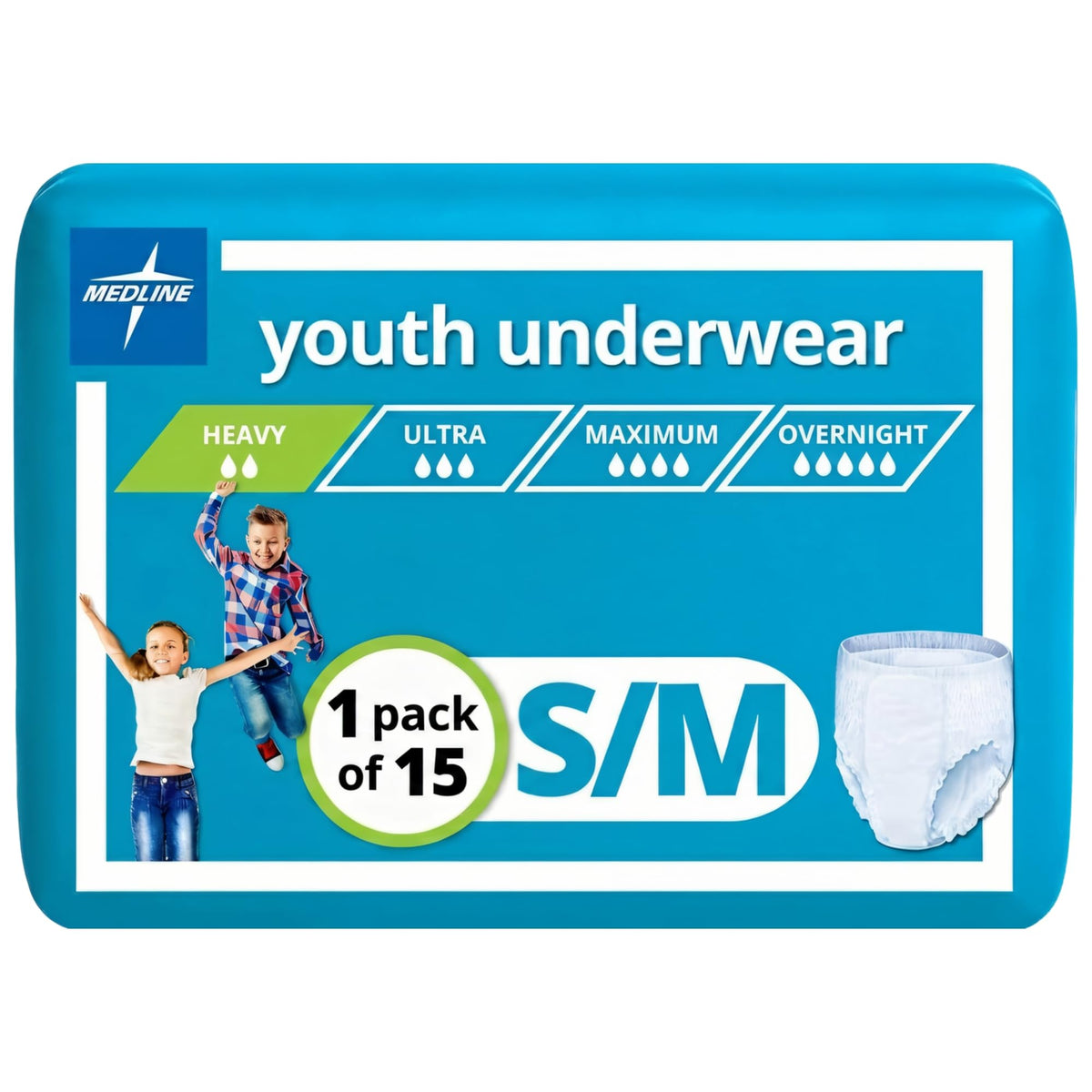 Medline Youth Disposable Protective Underwear, S/M Size for 40-70 lbs, Leakproof & Absorbent, Comfortable with Odor Control, Easy to Wear, 15 Count (1 Pack of 15)