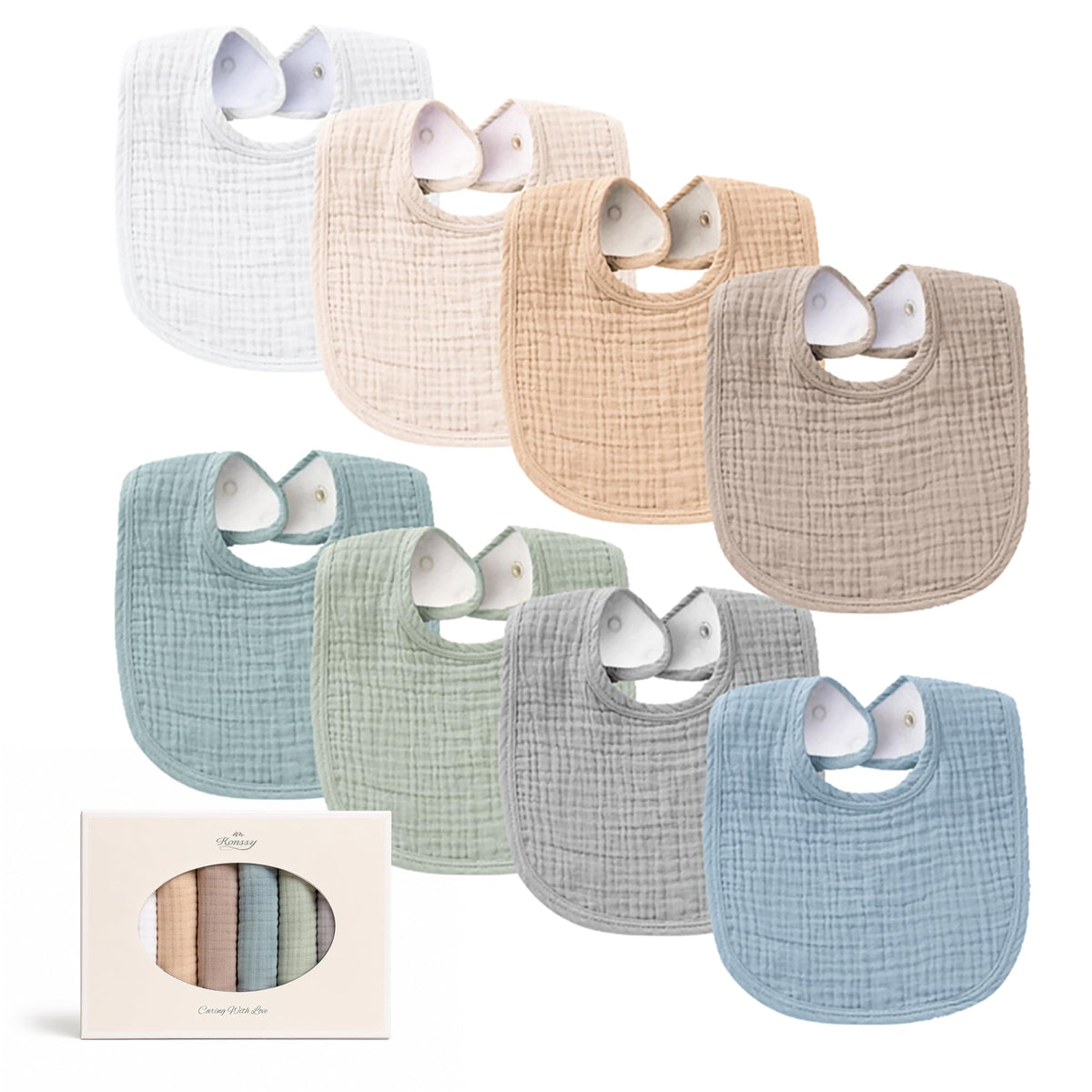 Konssy 8-Pack Muslin Baby Bibs, Adjustable Fit for Drooling and Teething