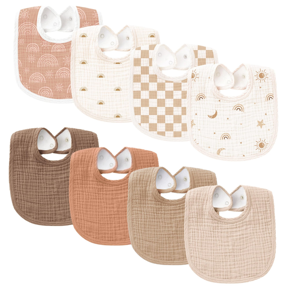 Konssy 8-Pack Muslin Baby Bibs, Adjustable Fit for Drooling and Teething