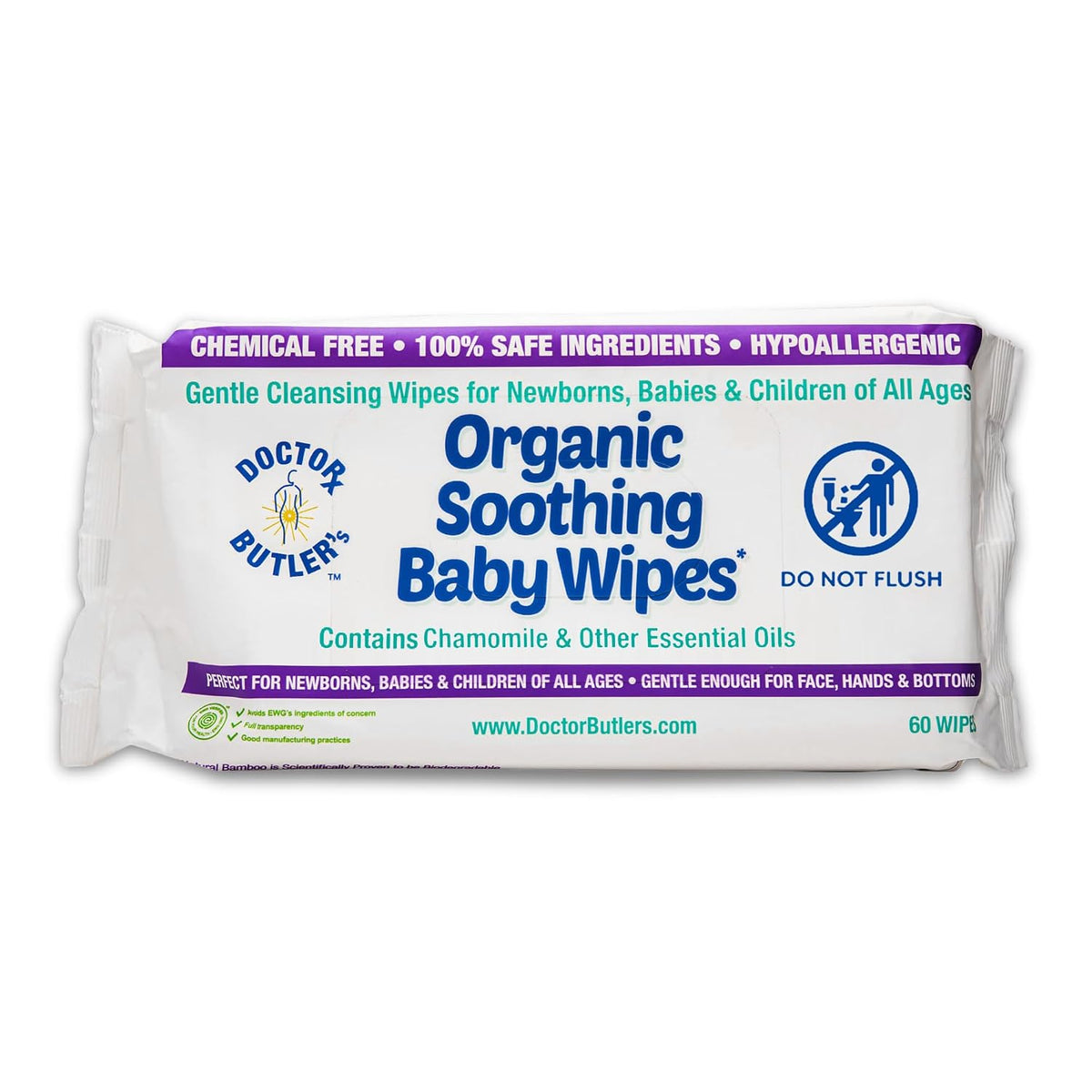 Doctor Butler's Organic Baby Wipes - Hypoallergenic & Unscented Baby Wipes, Safe for Baby Sensitive Skin Care, Made with Chamomile & Essential Oils (1pk – 60 Wipes)