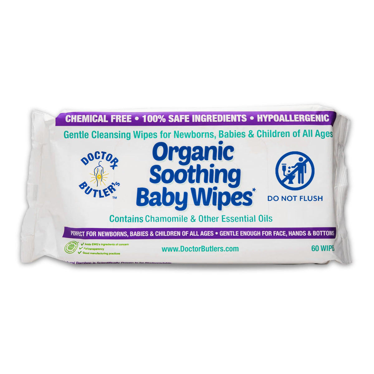Doctor Butler's Organic Baby Wipes - Hypoallergenic & Unscented Baby Wipes, Safe for Baby Sensitive Skin Care, Made with Chamomile & Essential Oils (1pk – 60 Wipes)