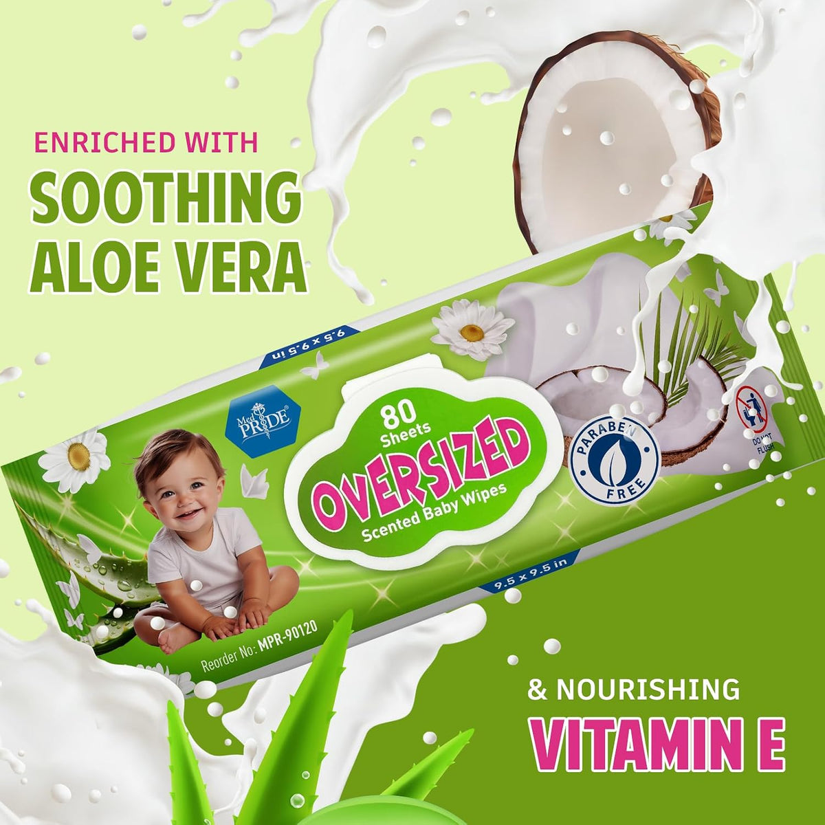 MED PRIDE Oversized Scented Baby Wipes 9.5x9.5 in,Aloe & Vitamin E,240 Ct