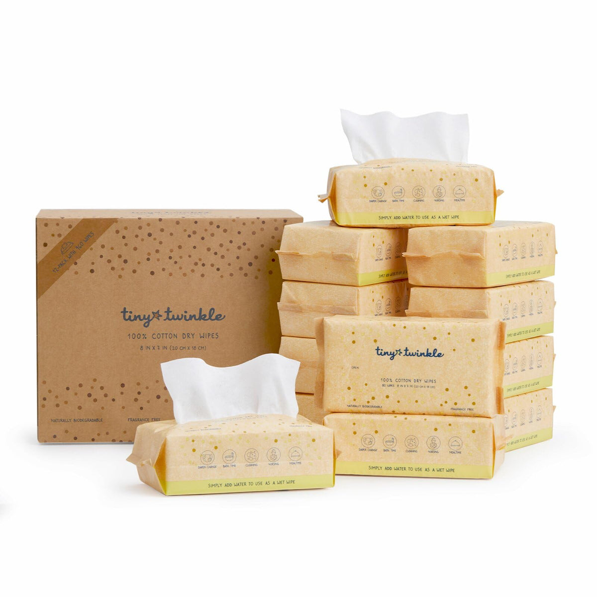 Tiny Twinkle 100% Cotton Dry Wipes for Baby | 480 Count | Use Wet or Dry | Scent Free (Fragrance-Free), Hypoallergenic Free | Ultra Soft, Strong & Gentle for Sensitive Skin