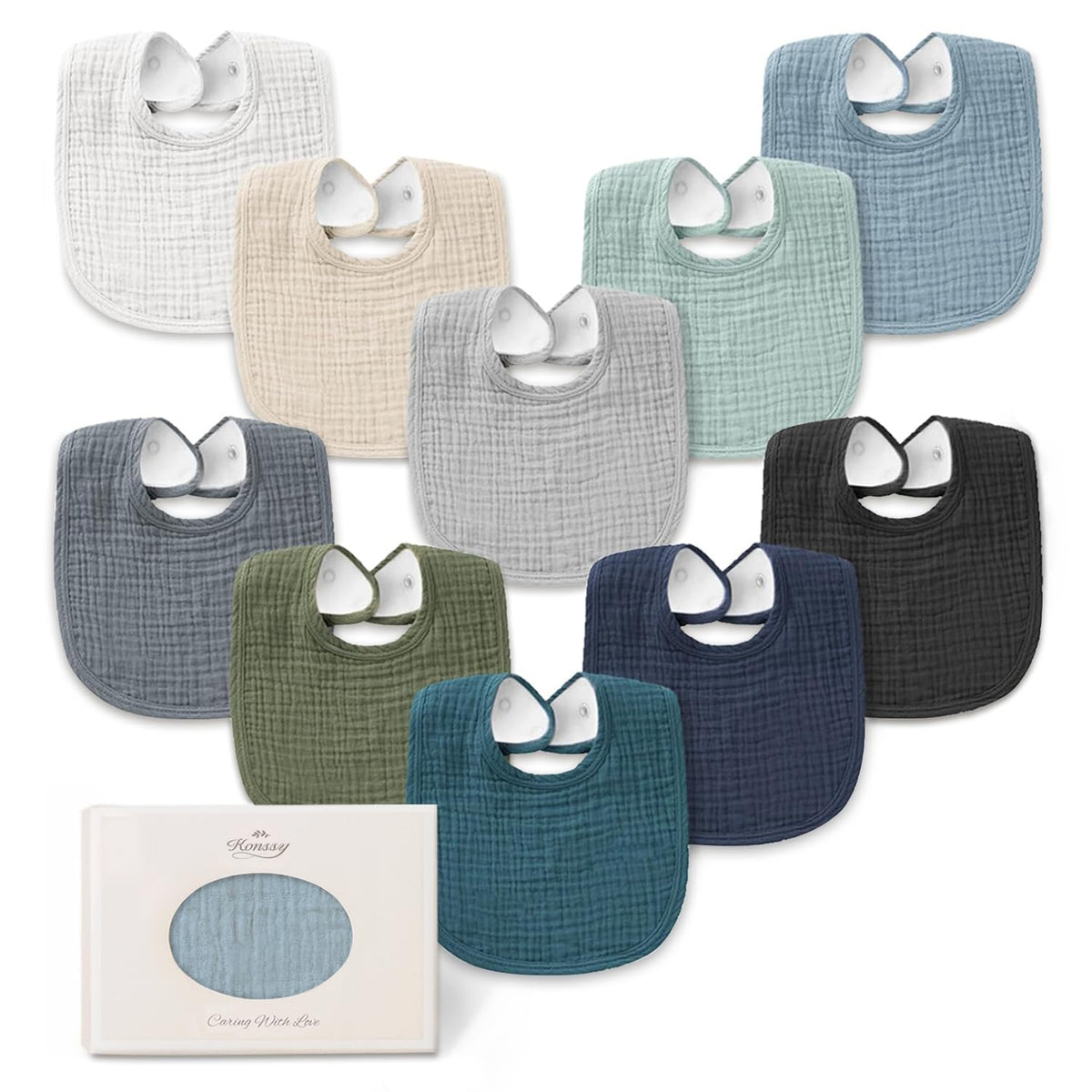 Konssy 8-Pack Muslin Baby Bibs, Adjustable Fit for Drooling and Teething
