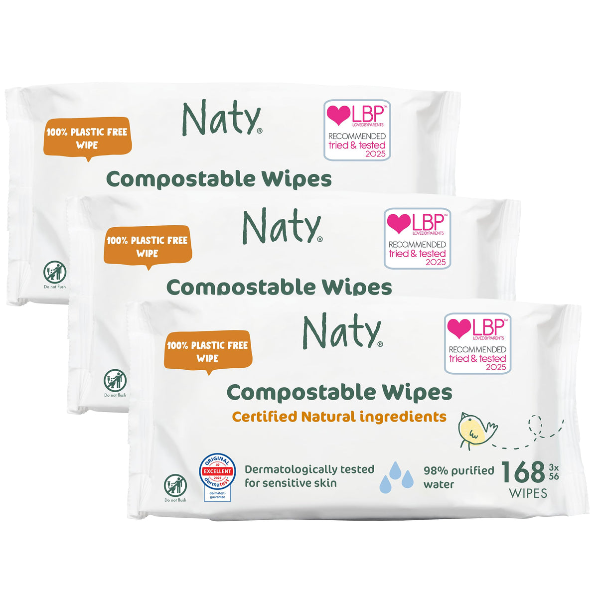 Naty Baby Wipes for Sensitive Skin & 98% Water, 168 Count (3 Packs)