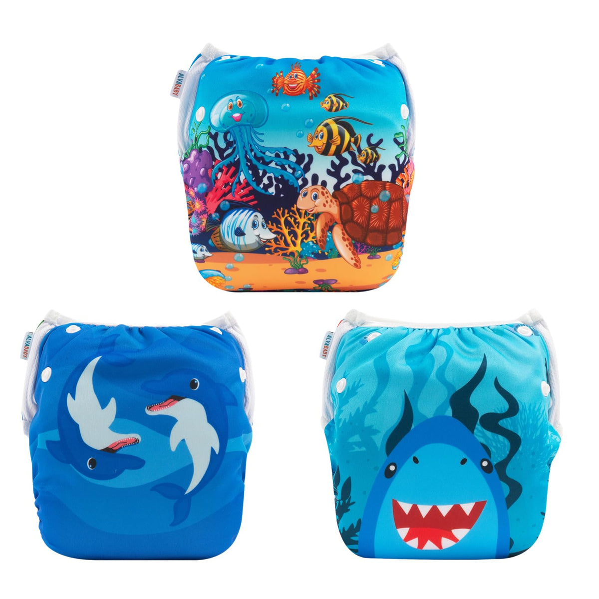 ALVABABY 3pcs Swim Diapers Baby & Toddler Snap One Size Reusable Adjustable Baby Boy Large Fish&sea-Plant 3ZSWY02