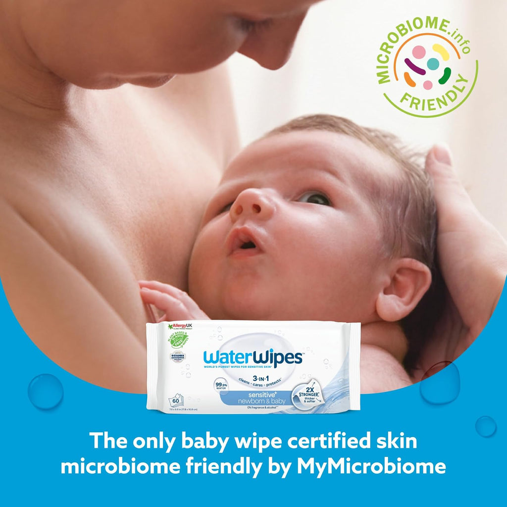 WaterWipes Sensitive+ Newborn & Baby Wipes, 3-In-1 Cleans, Cares, Protects, 99.9% Water, Unscented & Hypoallergenic, 1080 Count (18 Packs)