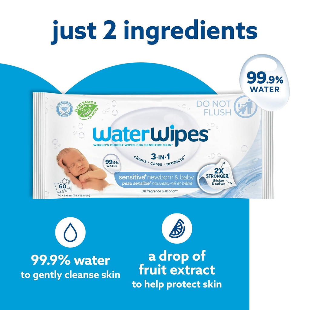 WaterWipes Sensitive+ Newborn & Baby Wipes, 3-In-1 Cleans, Cares, Protects, 99.9% Water, Unscented & Hypoallergenic, 1080 Count (18 Packs)