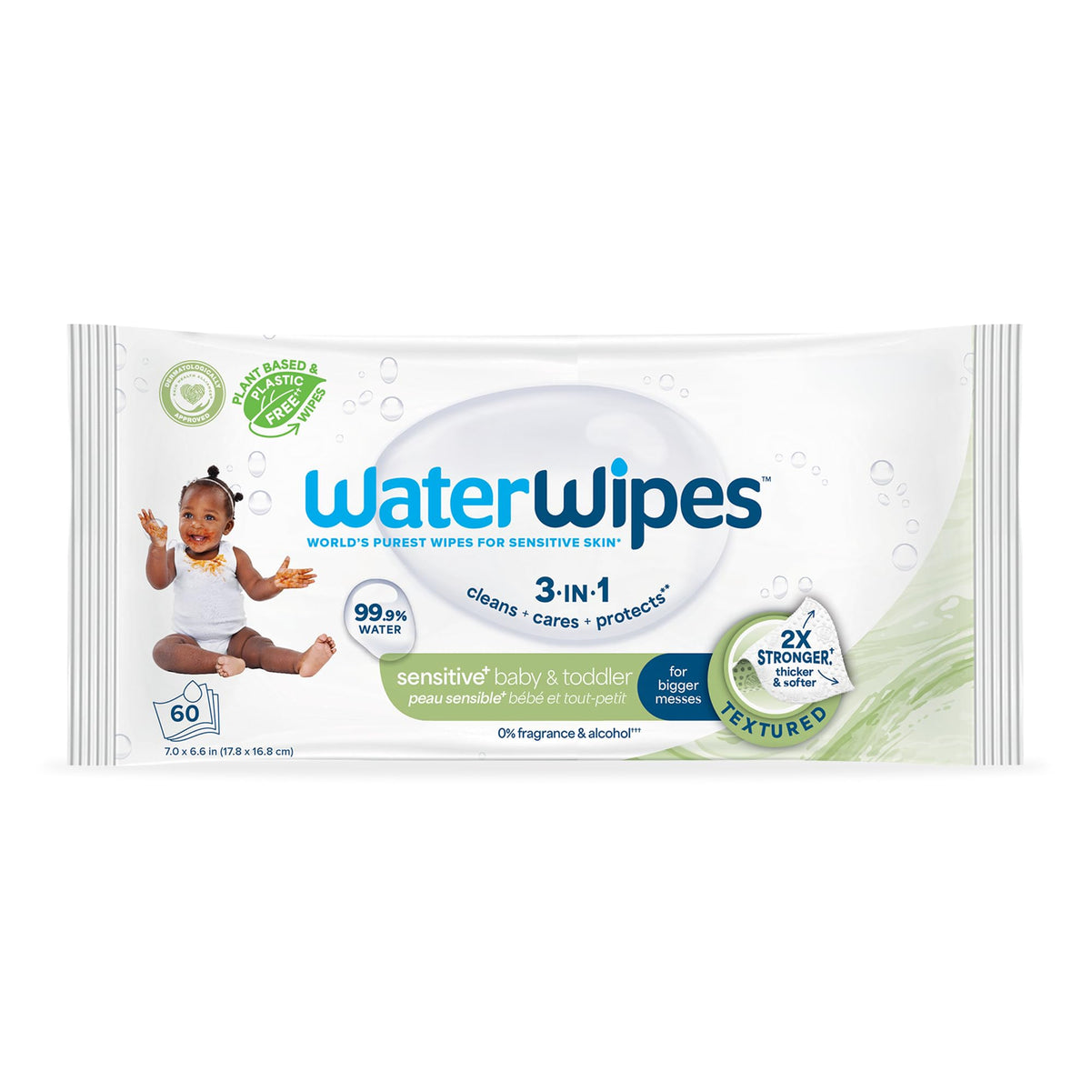 WaterWipes Sensitive+ Baby & Toddler Wipes, 3-In-1 Cleans, Cares, Protects, 99.9% Water, Textured Clean, Unscented & Hypoallergenic, 720 Count (12 Packs)