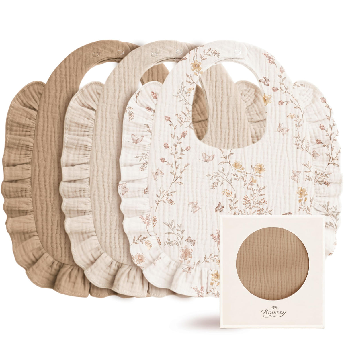 Konssy 3-Pack Muslin Baby Girl Bibs, 100% Cotton with Ruffle Trim