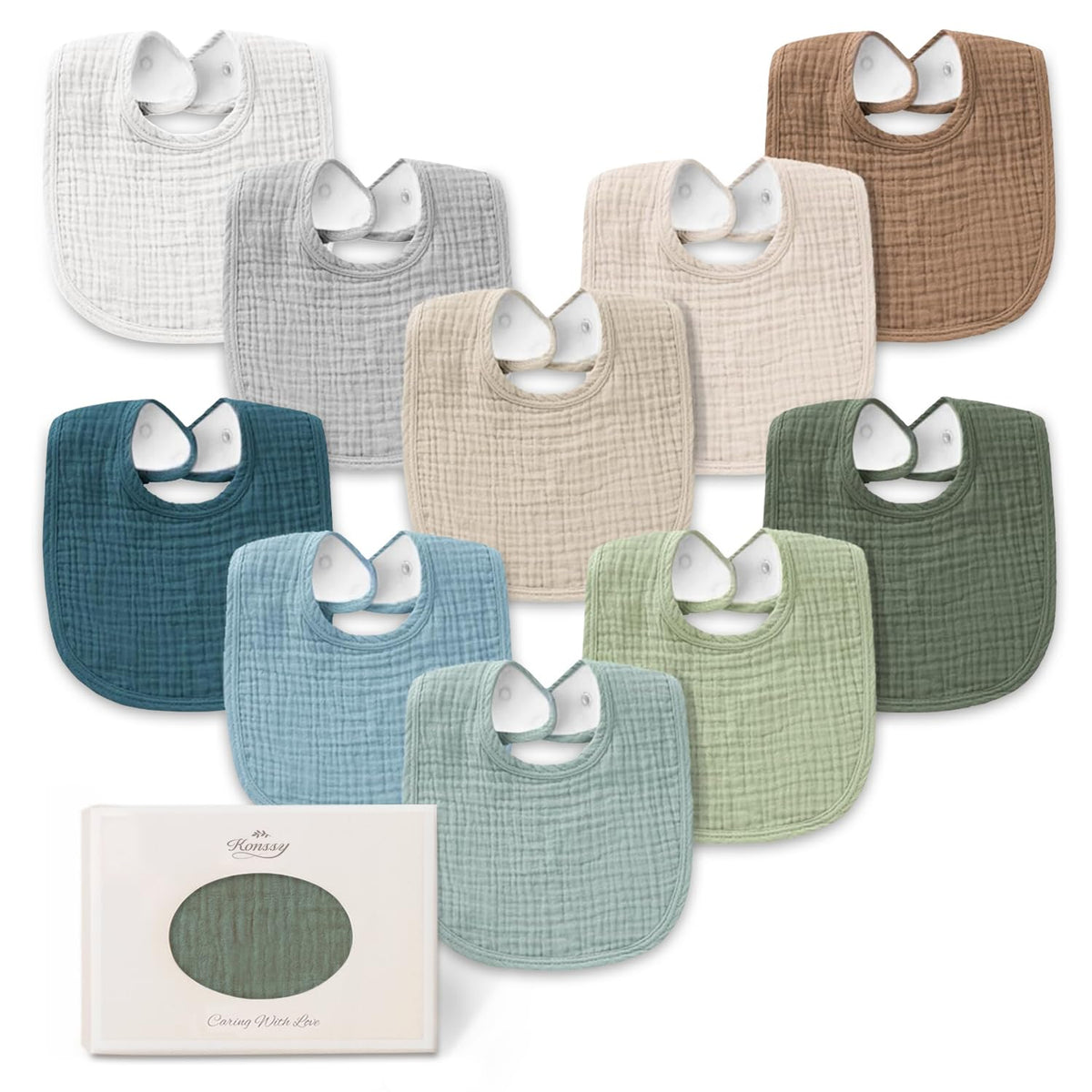 Konssy 8-Pack Muslin Baby Bibs, Adjustable Fit for Drooling and Teething