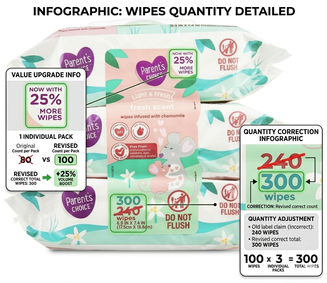 Parent’s Choice Fresh Scent Baby Wipes, 300 Count, Pink Green White Packaging