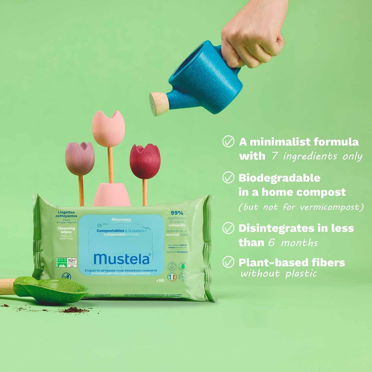 Mustela Baby Home Compostable Cleansing Wipes - For Face, Body & Diaper Area - 99% ingredients of natural origin & plant-based fibers - For all skin types - Fragrance Free Version & Various Sizes