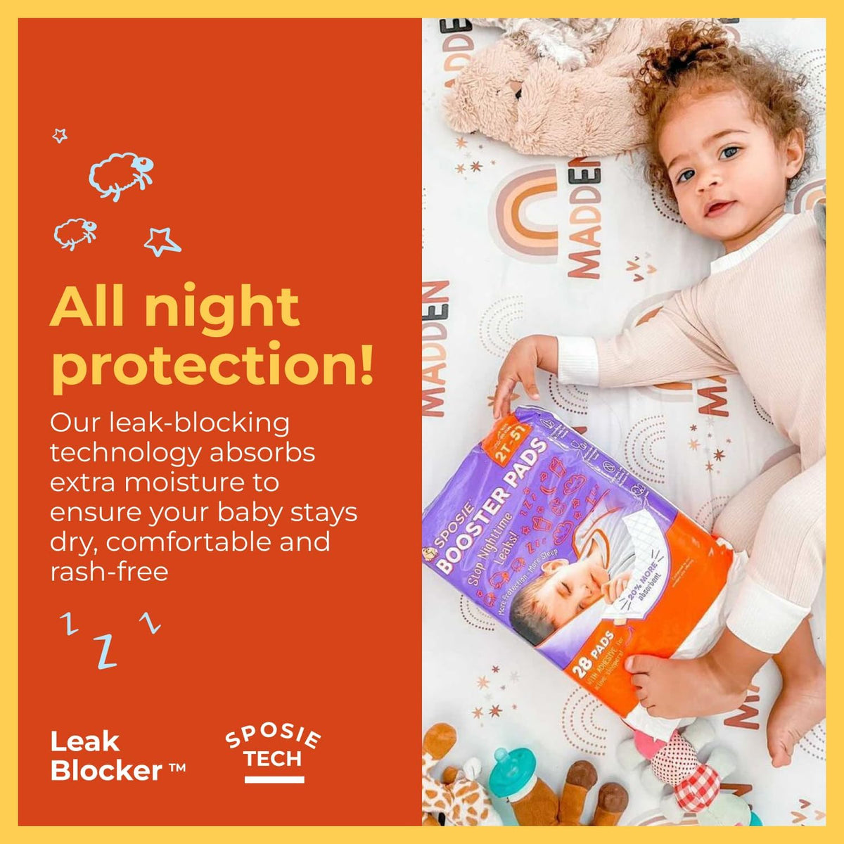 Sposie Overnight Diaper Booster Pads with Adhesive, Size 2T-5T, 84 Ct