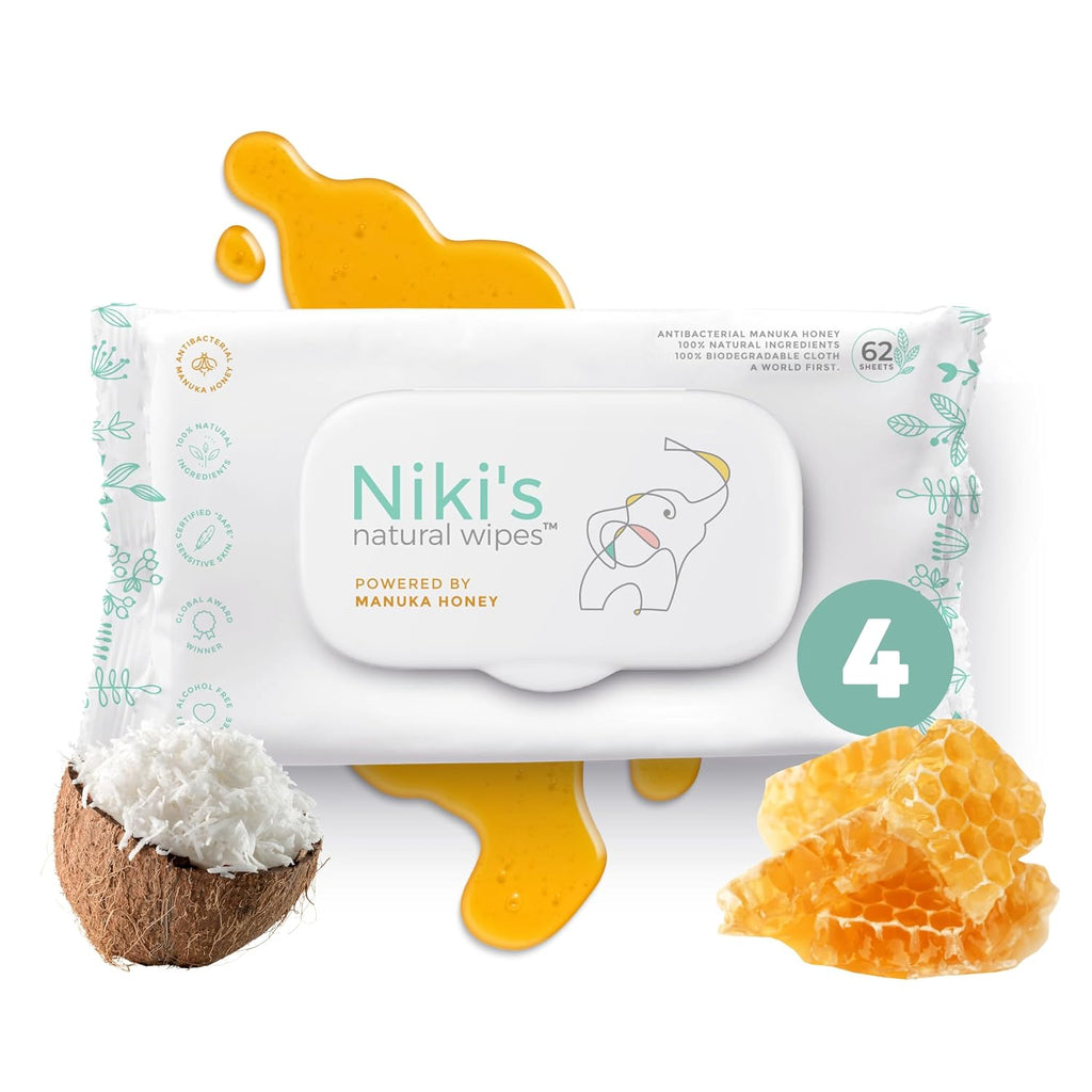 Niki's Natural Baby Wipes, Sensitive Organic Manuka Honey Wet Wipes, 4 Pack